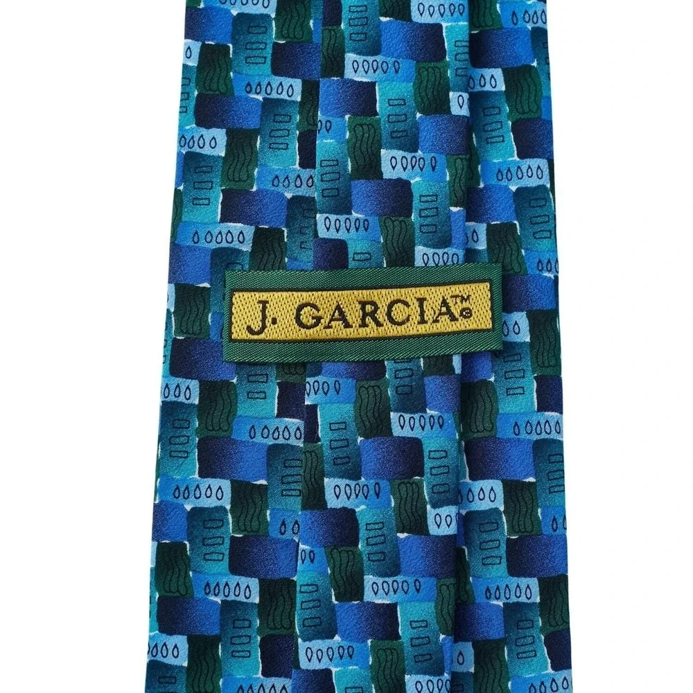 J. Garcia Men's Silk Necktie Blue/Green‎ Geometric Fish Collection 17 Necktie